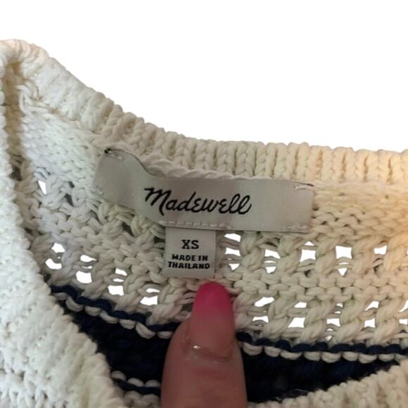 Madewell XS Crochet Knit Tank Top White Navy Stripe Cotton Summer - Picture 6 of 8